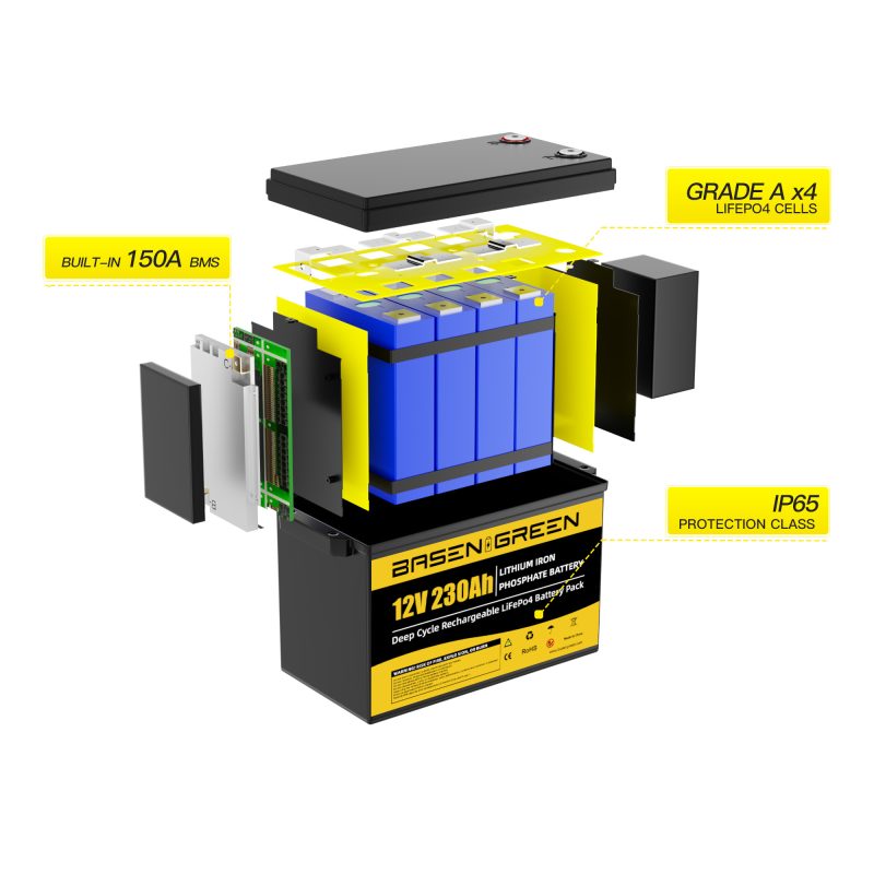 EU stock 12V 230ah LiFePO4 Battery Built-in 150A BMS with Bluetooth