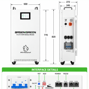 basengreen电池模块尺寸与接口详图 51.2V 314ah 16KWh Wall Mounted Battery Pack LiFePO4