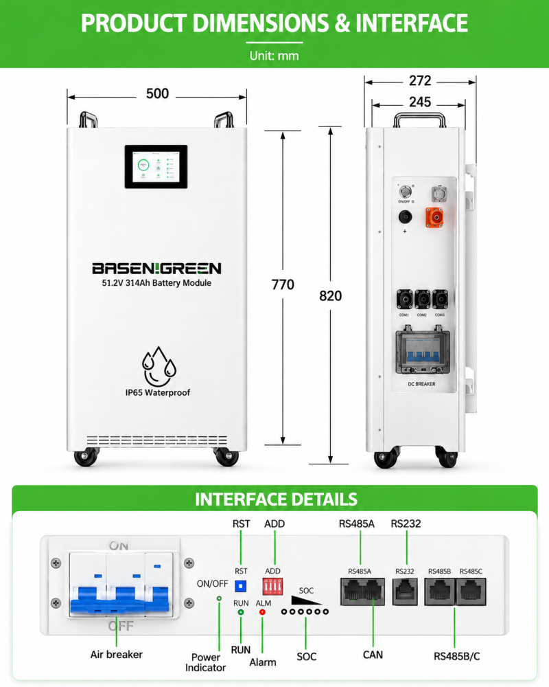 basengreen电池模块尺寸与接口详图 51.2V 314ah 16KWh Wall Mounted Battery Pack LiFePO4